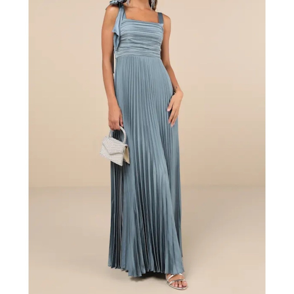 Lulus Gorgeous Purpose Slate Blue Satin Pleated Tie-Strap Maxi Dress Gown size L